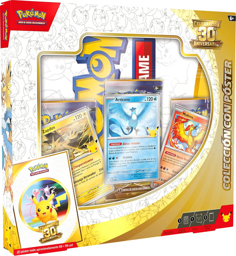 Pokémon: Colección con Póster de Celebración 30.º Aniversario de JCC Pokémon (3 cartas promo, 1 póster y 3 sobres de mejora) · gachapon coleccionable