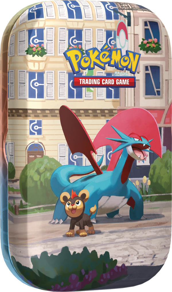 Pokémon Minilata Ciudad Luminalia · Salamence y Litleo (2 sobres + carta ilustrada + pegatina) · gachapon coleccionable