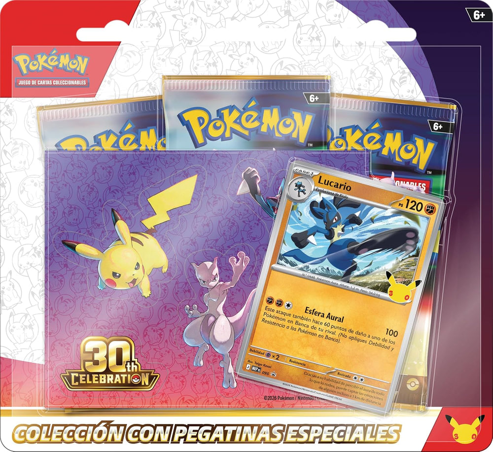 Pokémon Colección Pegatinas Especiales · Celebración 30.º Aniversario · Lucario (1 carta promo holográfica + 3 sobres de mejora) · gachapon coleccionable