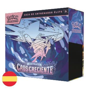 Pokémon Caja de Entrenador Élite · Megaevolución Caos Creciente (9 sobres + promo + accesorios) · gachapon coleccionable